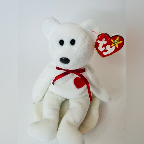 ♥️ TY Vintage 1994 Valentino Beanie White Plush Bear Red Heart/Ribbon Kids Toy - Picture 2 of 6